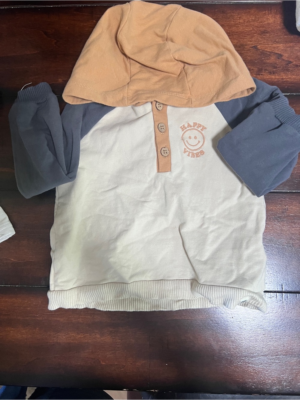 Happy Vibes Colorblock Hooded Pullover for Kids - Cream, Gray & Tan